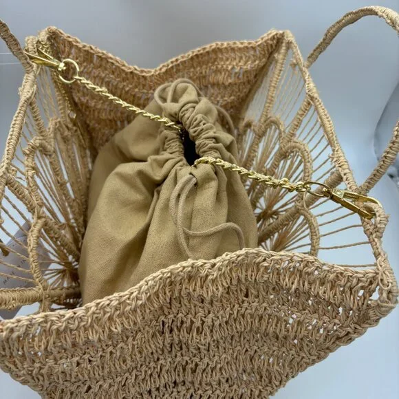 NWT House Of Harlow 1960 Hand Woven Raffia Hand Bag Purse Gold Crossbody Strap - Picture 5 of 7